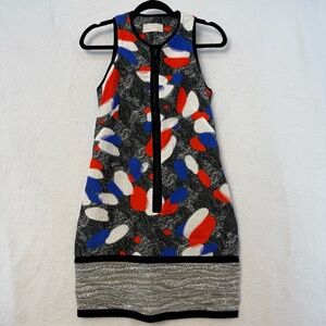 Peter Pilotto Mini Dress Women US 4 Gray Red Abstract Sheath Silk Front Zip RARE